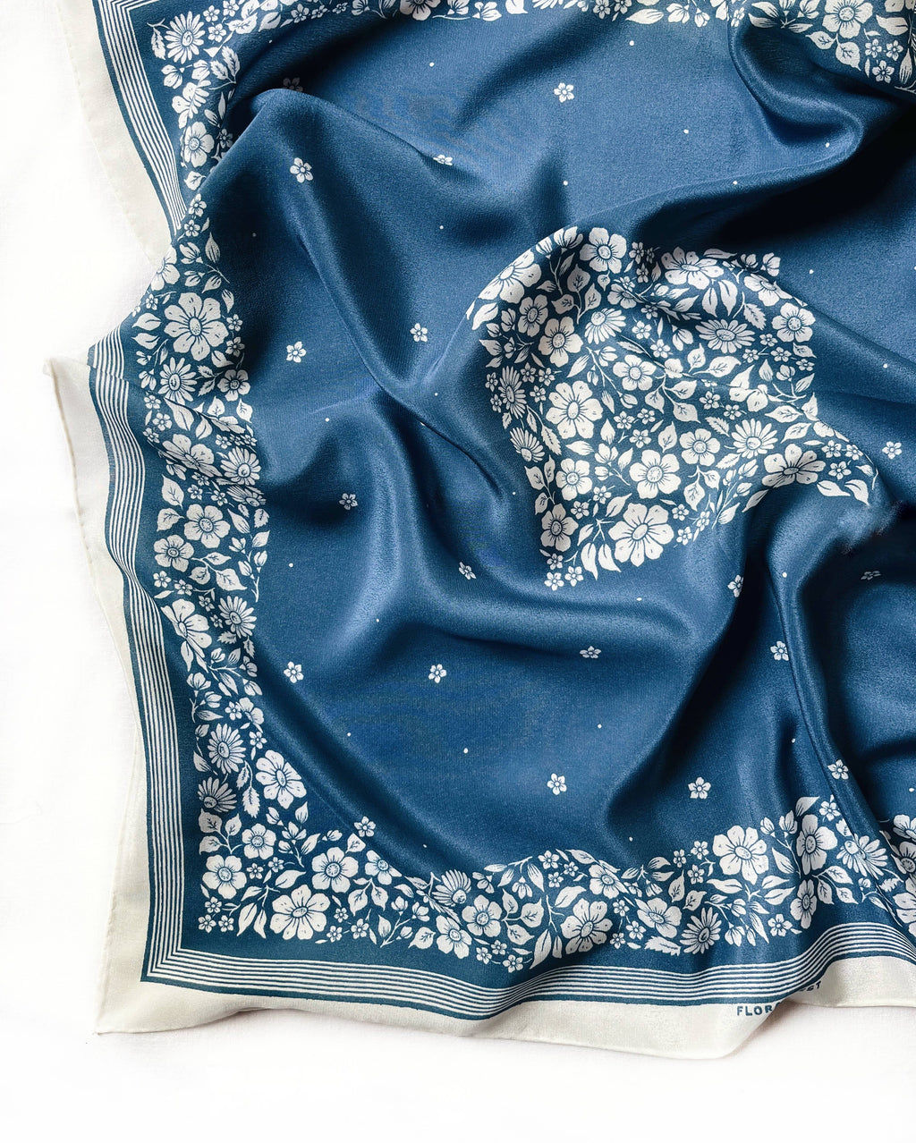 100% Silk Bandana Scarf -Santorini Floral China Blue Western