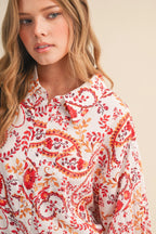 Paisley Print Button Down Bubble Sleeve Top
