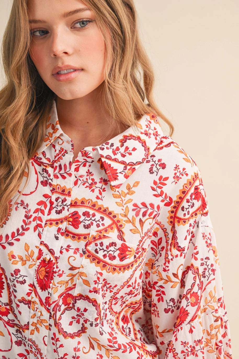 Paisley Print Button Down Bubble Sleeve Top