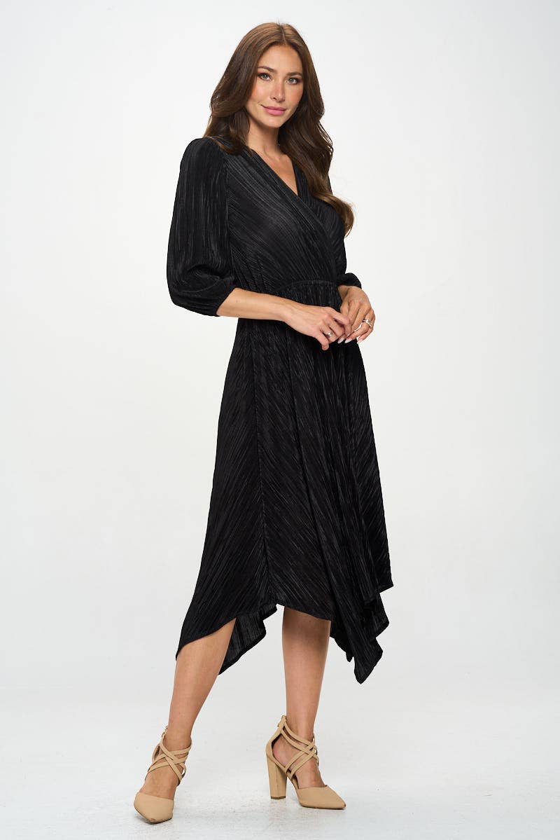 Plisse V neck Dress with Asymmetrical Hem