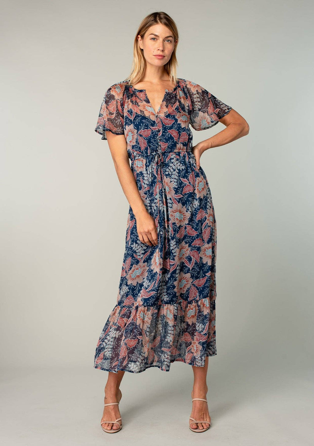 Floral Chiffon Flutter Sleeve Tiered Maxi Dress