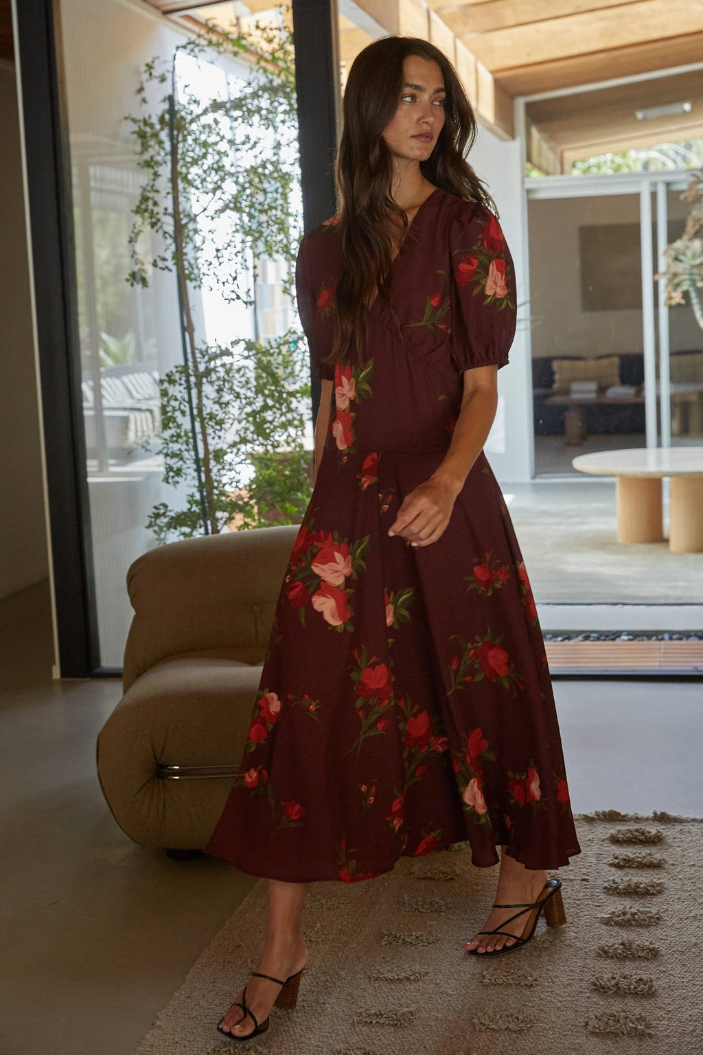 Woven Floral Print Puff Sleeve Midi Dress