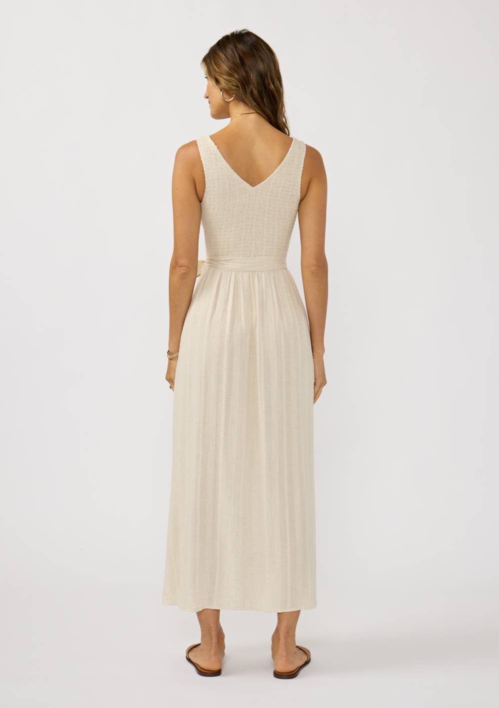 Sleeveless V Neck Smocked Bodice Midi Dress