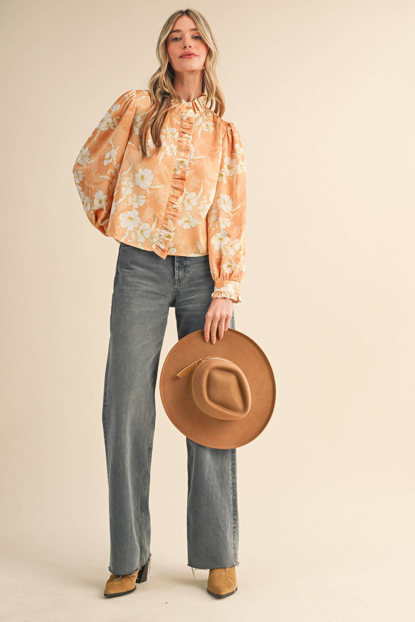 Floral Print Ruffled Button Down Top