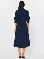 Navy Button Down A-Line Midi Dress