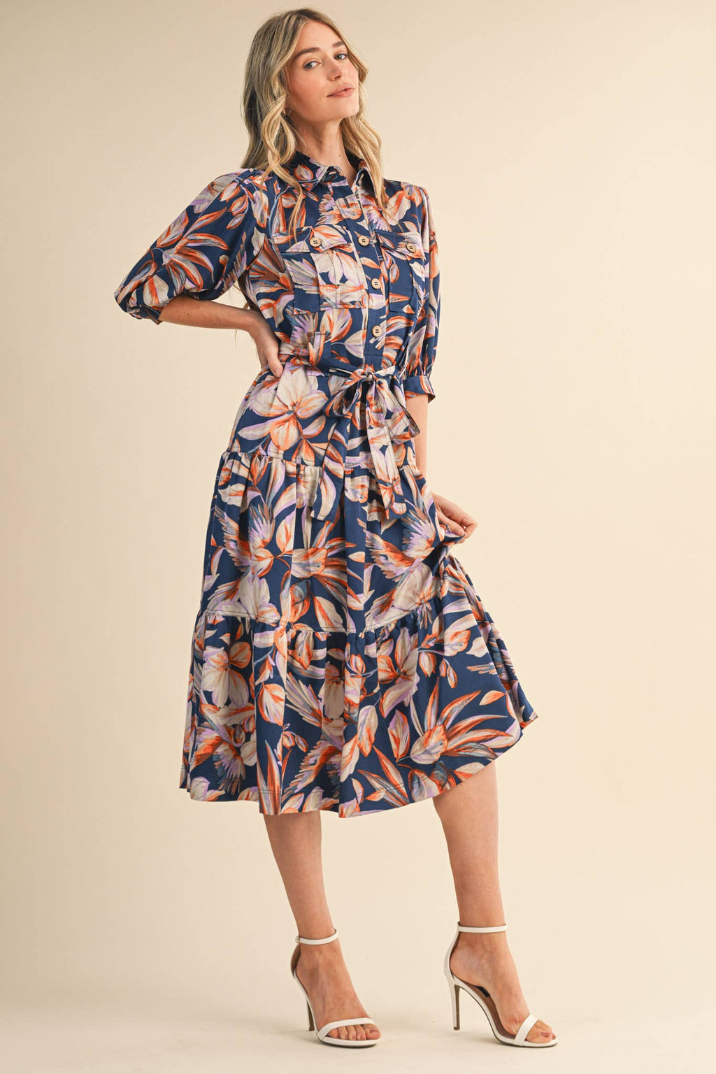 Button Down Tiered Midi Dress