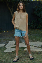 Woven Tencel Linen Half Button Down Sleeveless Top