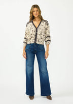 Lace-Trim 3/4 Sleeve Button-Front Top