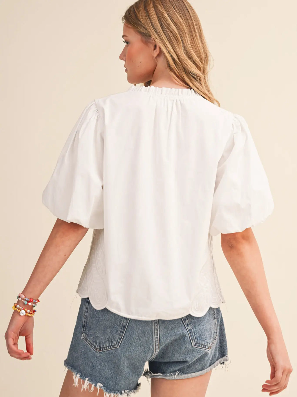 Bubble Sleeve Top With Side Embroidery