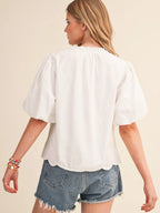 Bubble Sleeve Top With Side Embroidery