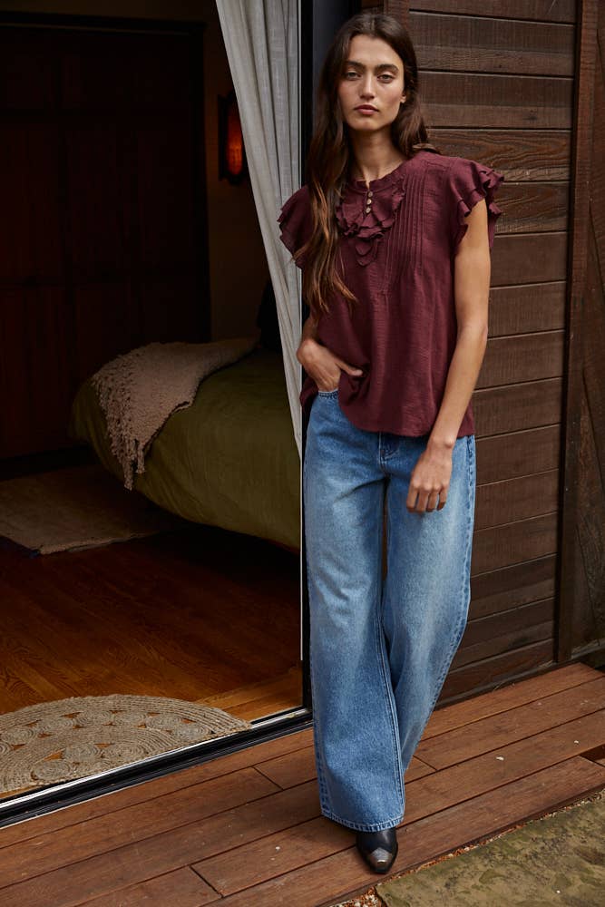 Woven Button V-Neck Short Sleeve Top
