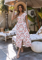 Floral Cap Sleeve Button Down Cut Out Midi Dress