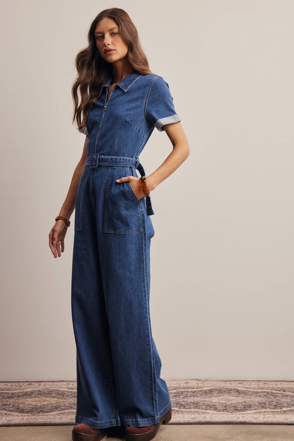 Belted Stretch Denim Wide-Leg Jumpsuit