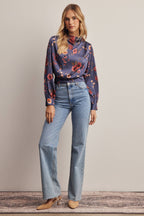 Floral Mock Neck Tie Back Blouse