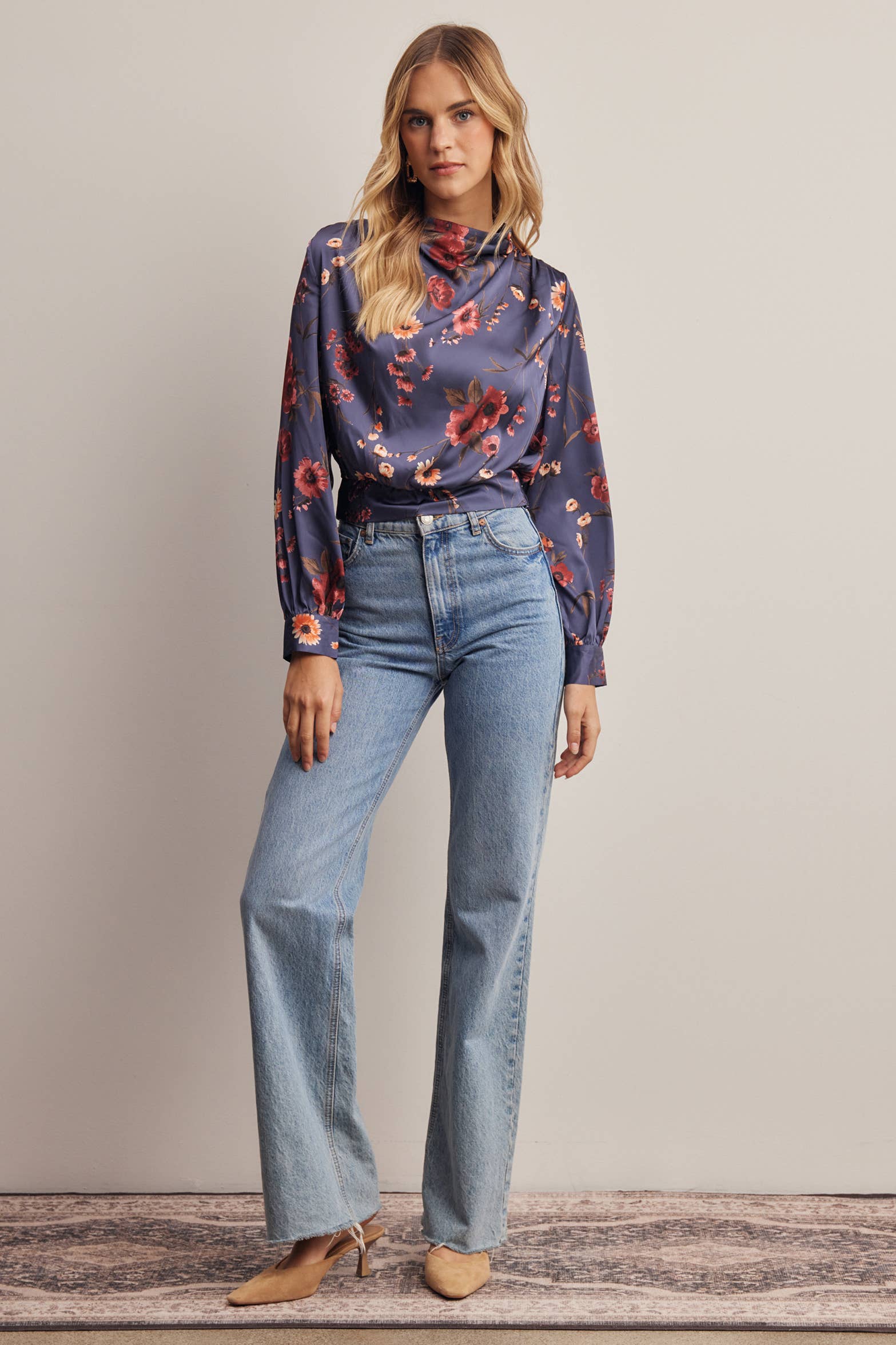 Floral Mock Neck Tie Back Blouse