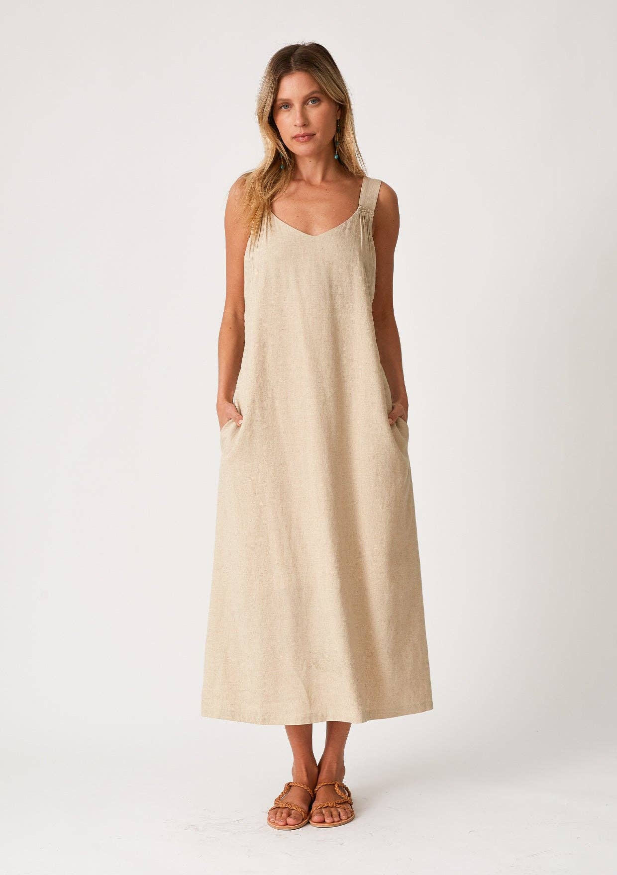 Linen Blend Sleeveless V Neck Midi Dress