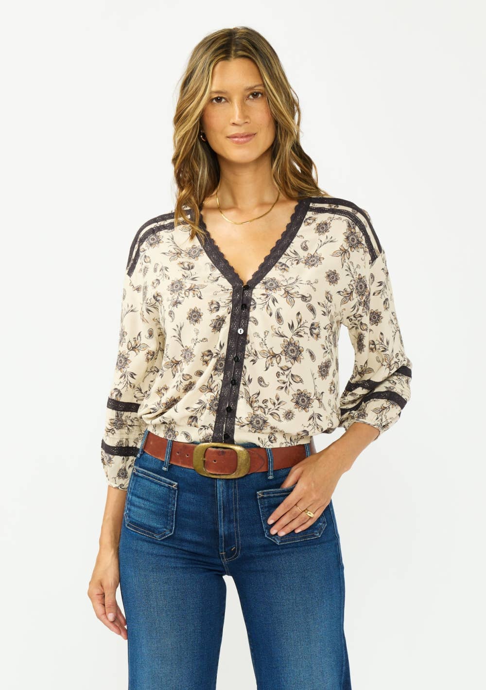 Lace-Trim 3/4 Sleeve Button-Front Top