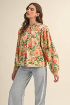 Floral Ruched Button Down Blouse