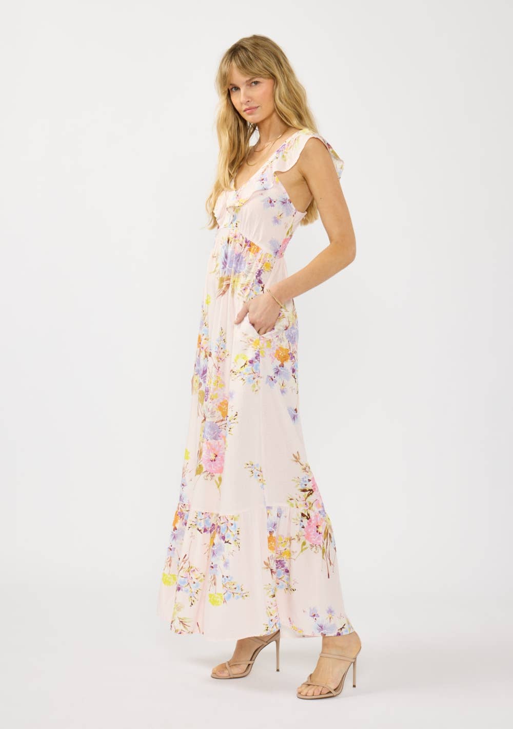 Ruffle V Neck Maxi Dress