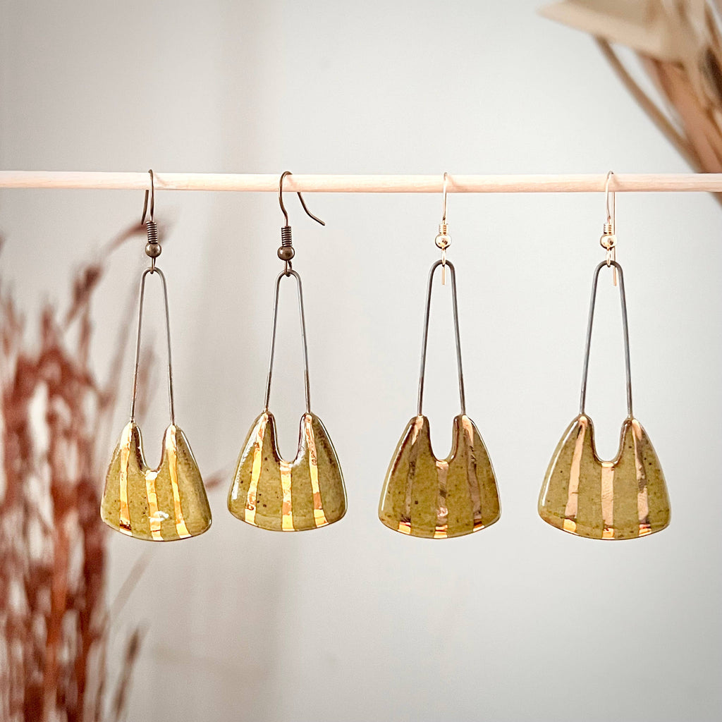 Speckled Olive Dropped and Gold Striped Clay Earrings