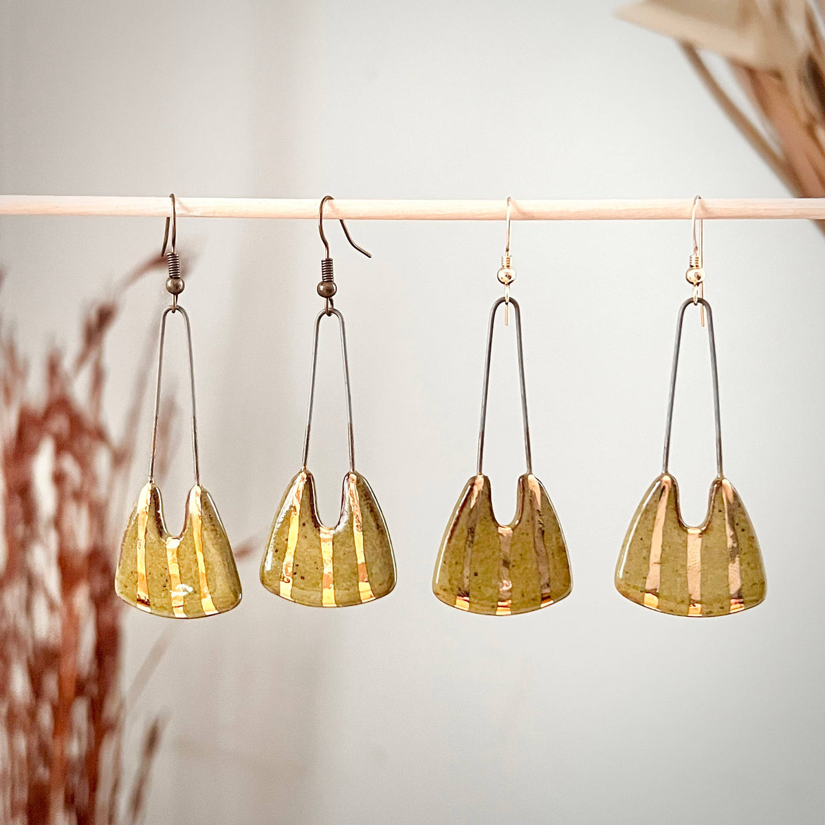 Speckled Olive Dropped and Gold Striped Clay Earrings
