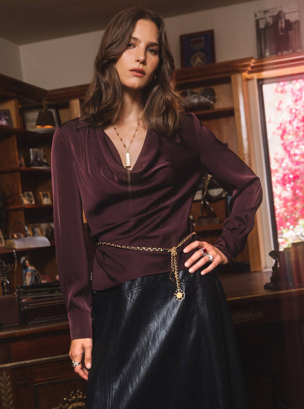 Cowl Neck Collared Long Sleeve Blouse