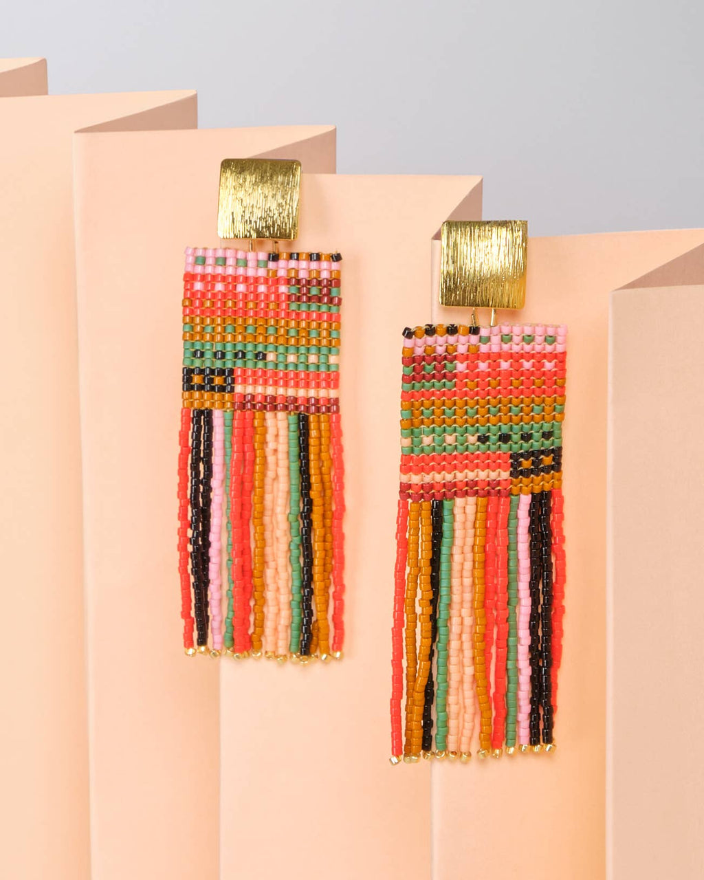 Beaded Handwoven Striped Knit Fringe Earrings (Sweet Escape)