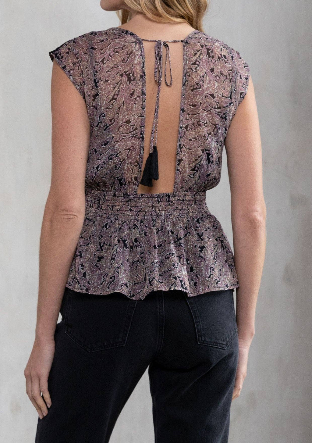 Sheer Paisley Print Cap Sleeve Peplum Blouse