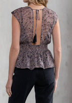 Sheer Paisley Print Cap Sleeve Peplum Blouse