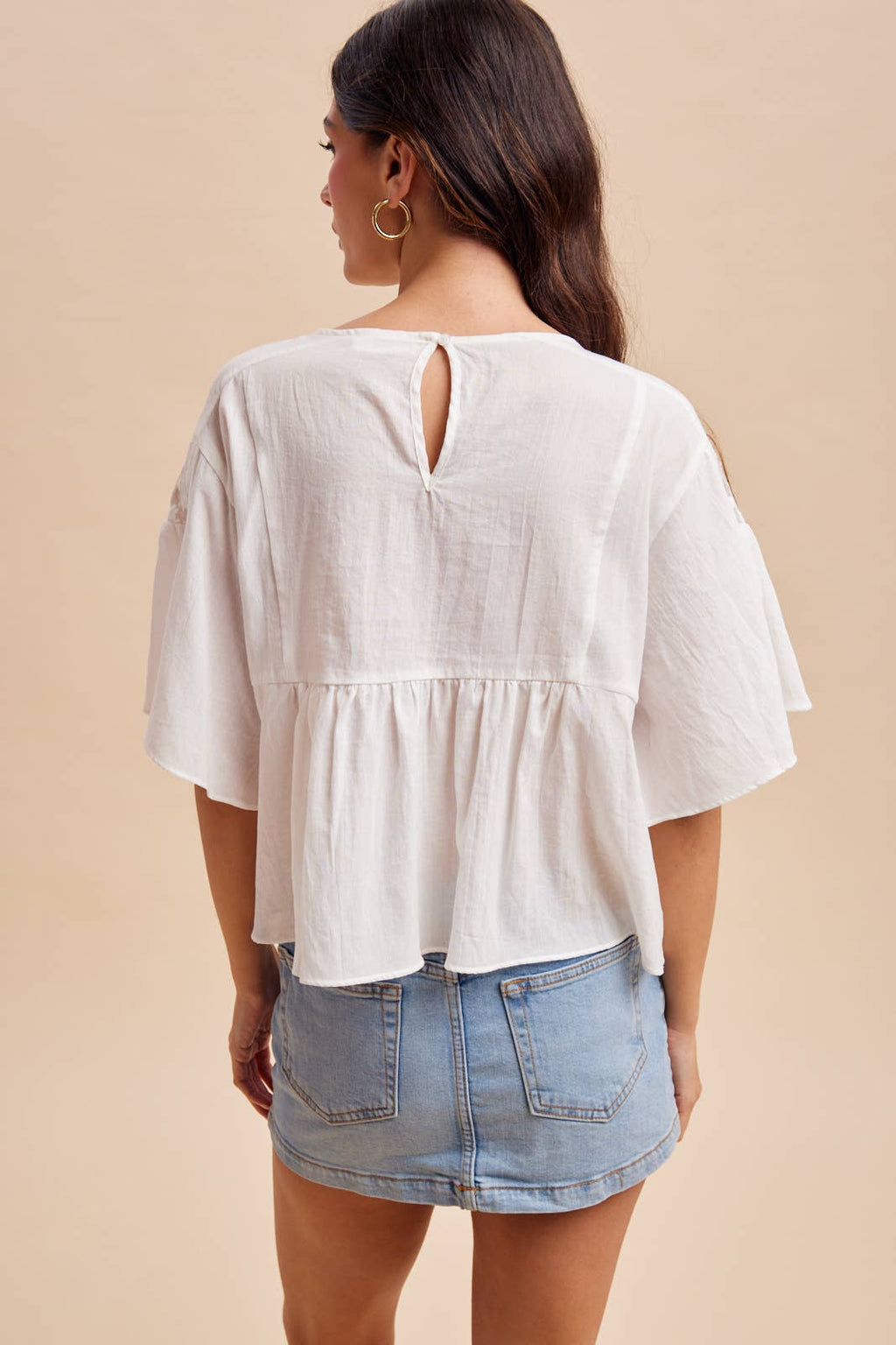 COTTON EMBROIDERED FLUTTER SLEEVE TOP