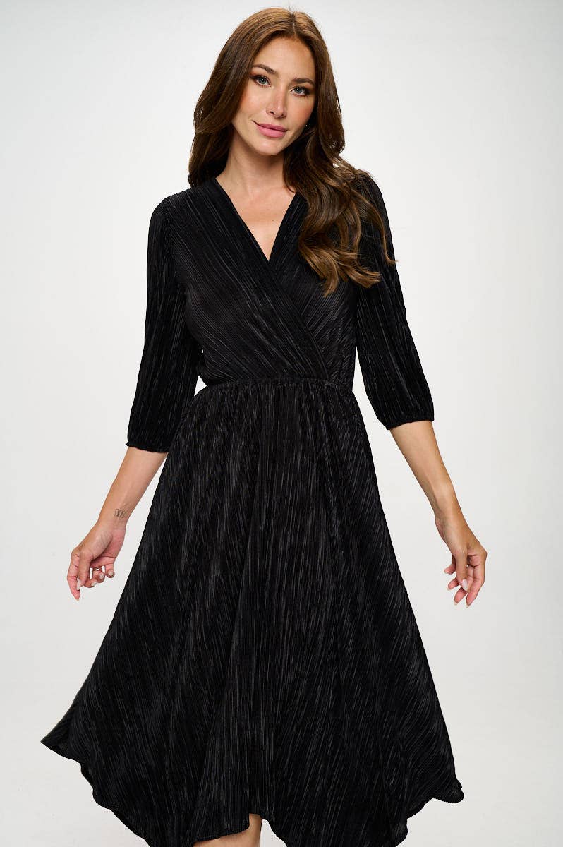 Plisse V neck Dress with Asymmetrical Hem