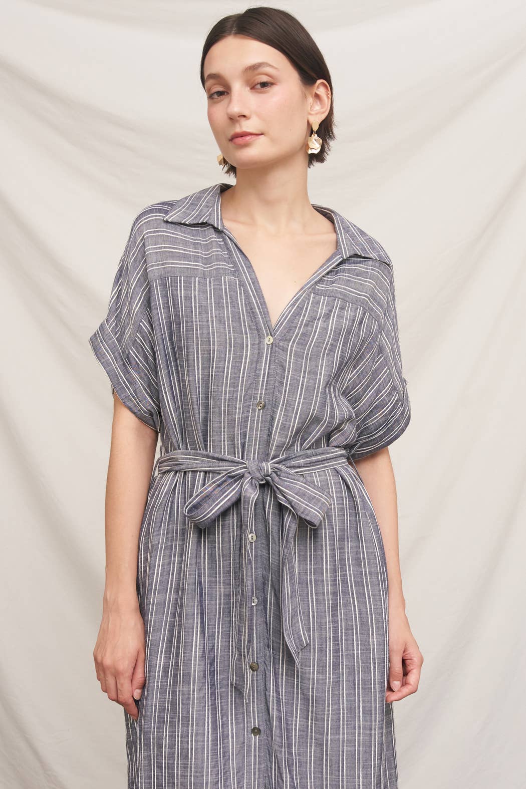 Short Sleeve Striped Button Down Shirt Dress