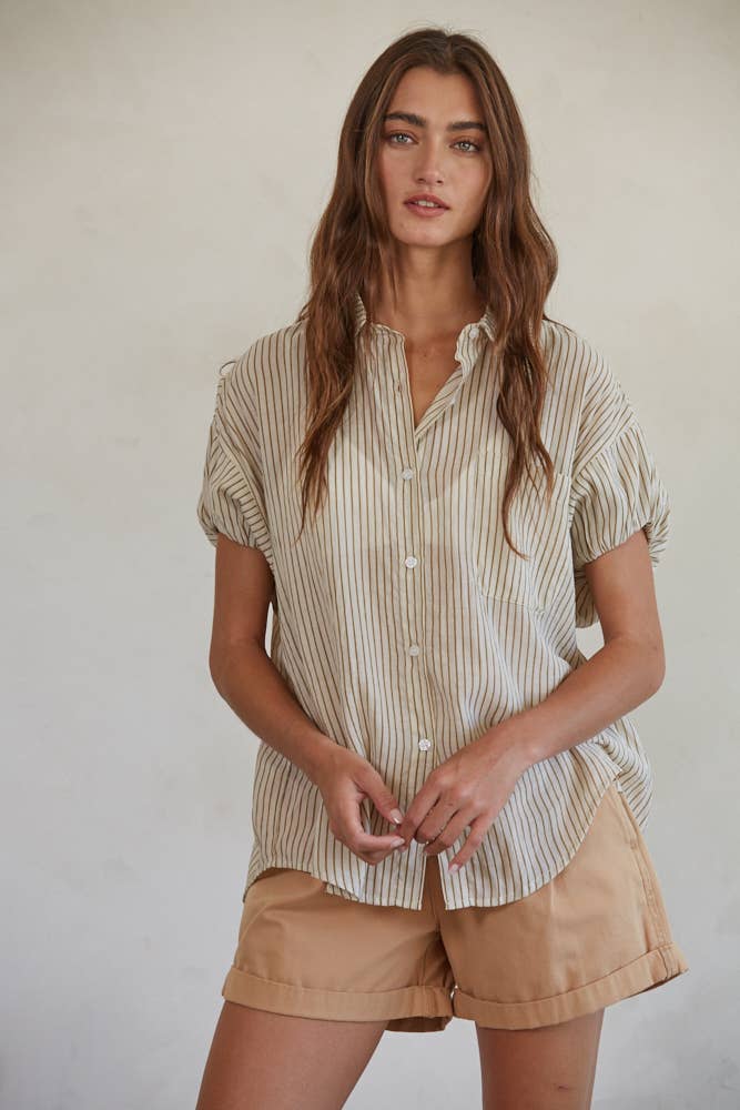 Striped Button Down Collar Neck Short Sleeve Top