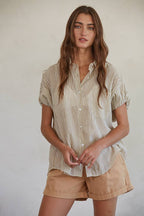 Striped Button Down Collar Neck Short Sleeve Top