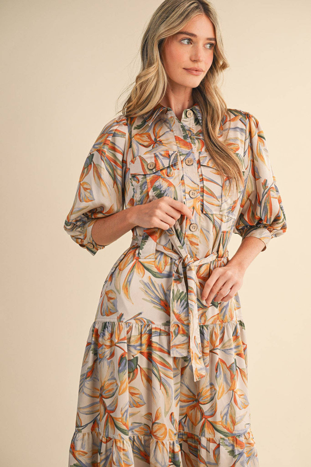 Button Down Tiered Midi Dress