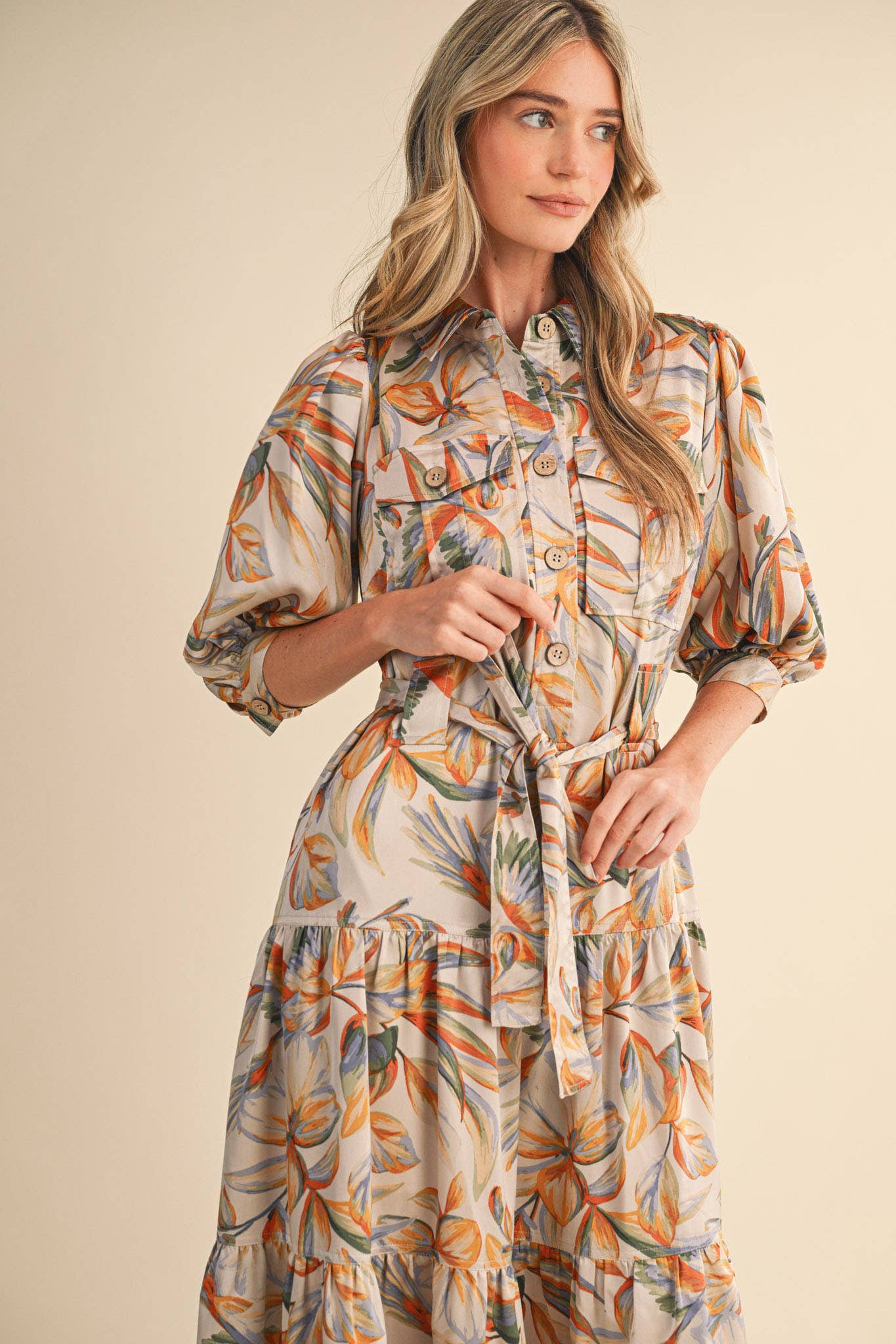 Button Down Tiered Midi Dress