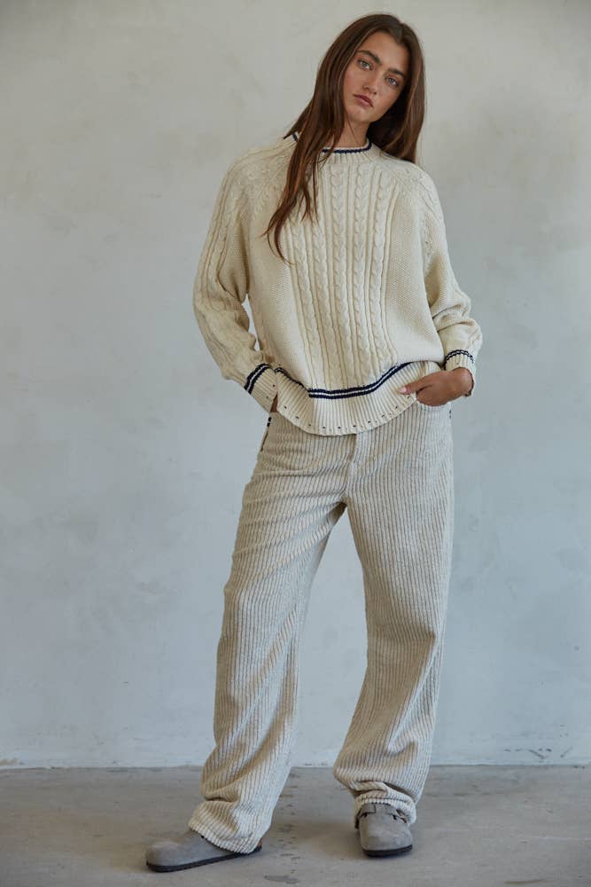 Knit Sweater Cable Crew Neck Pullover