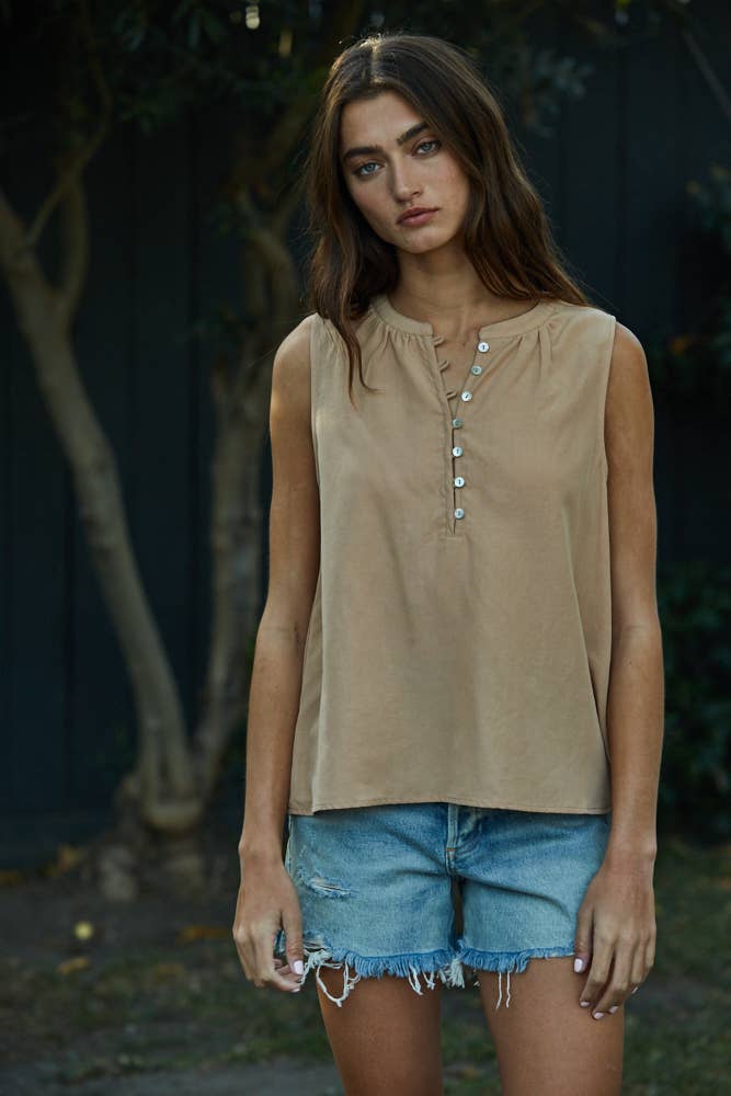 Woven Tencel Linen Half Button Down Sleeveless Top