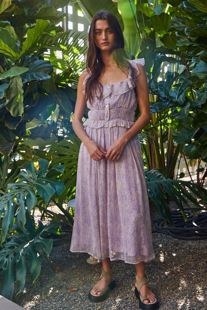 Woven Chiffon Floral Print Smocked Dress