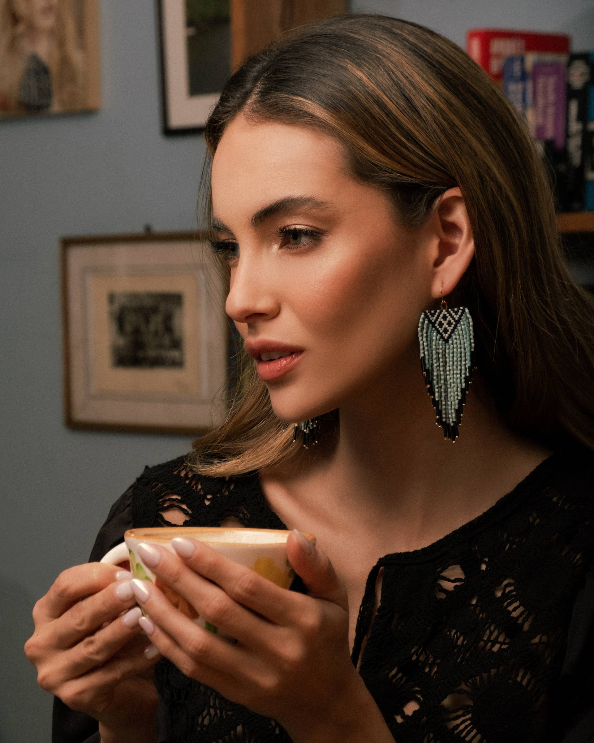 Beaded Handwoven Sonoran Triangle Fringe Earrings (Beige)