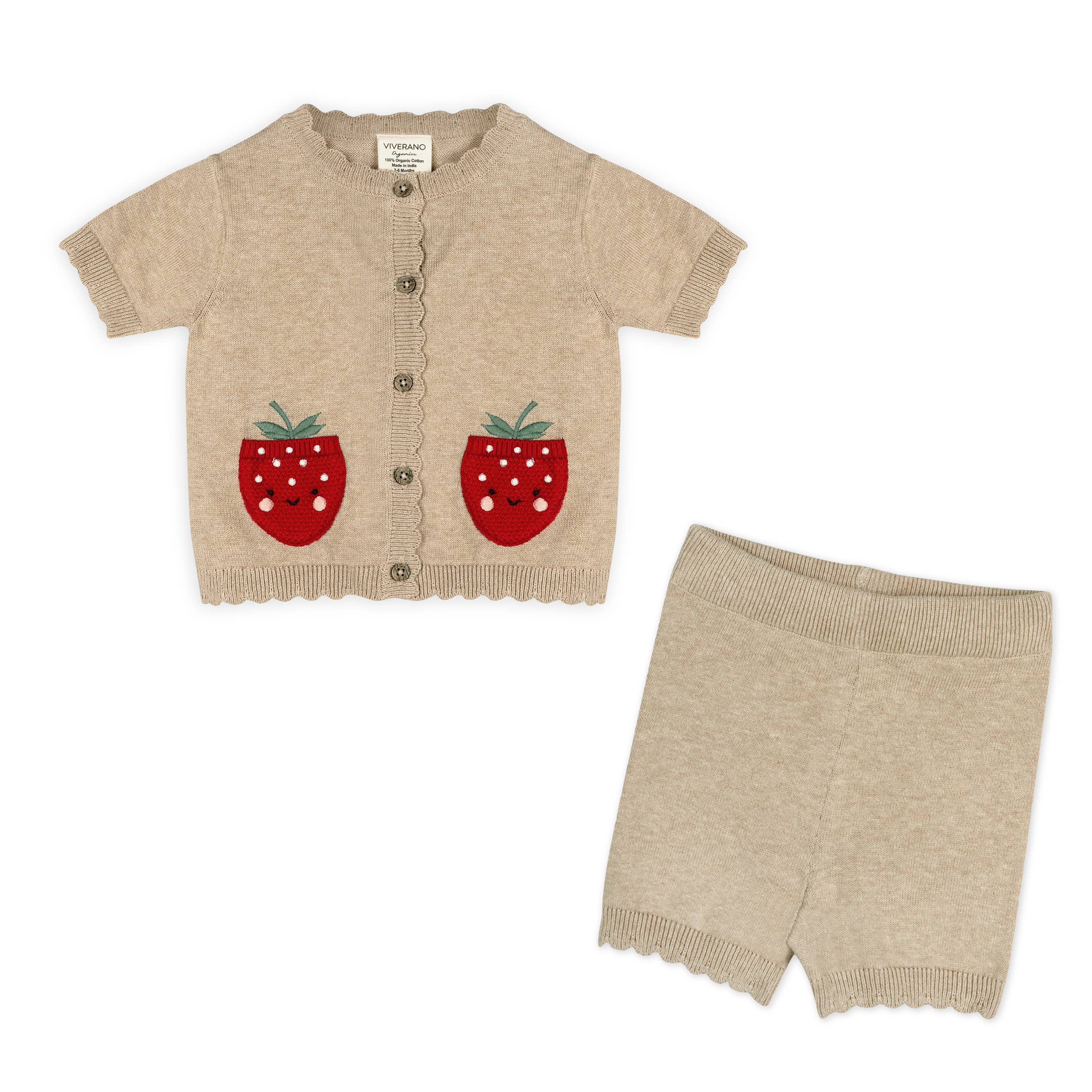 Strawberry Pocket Baby Knit Cardigan + Shorts Set (Organic)