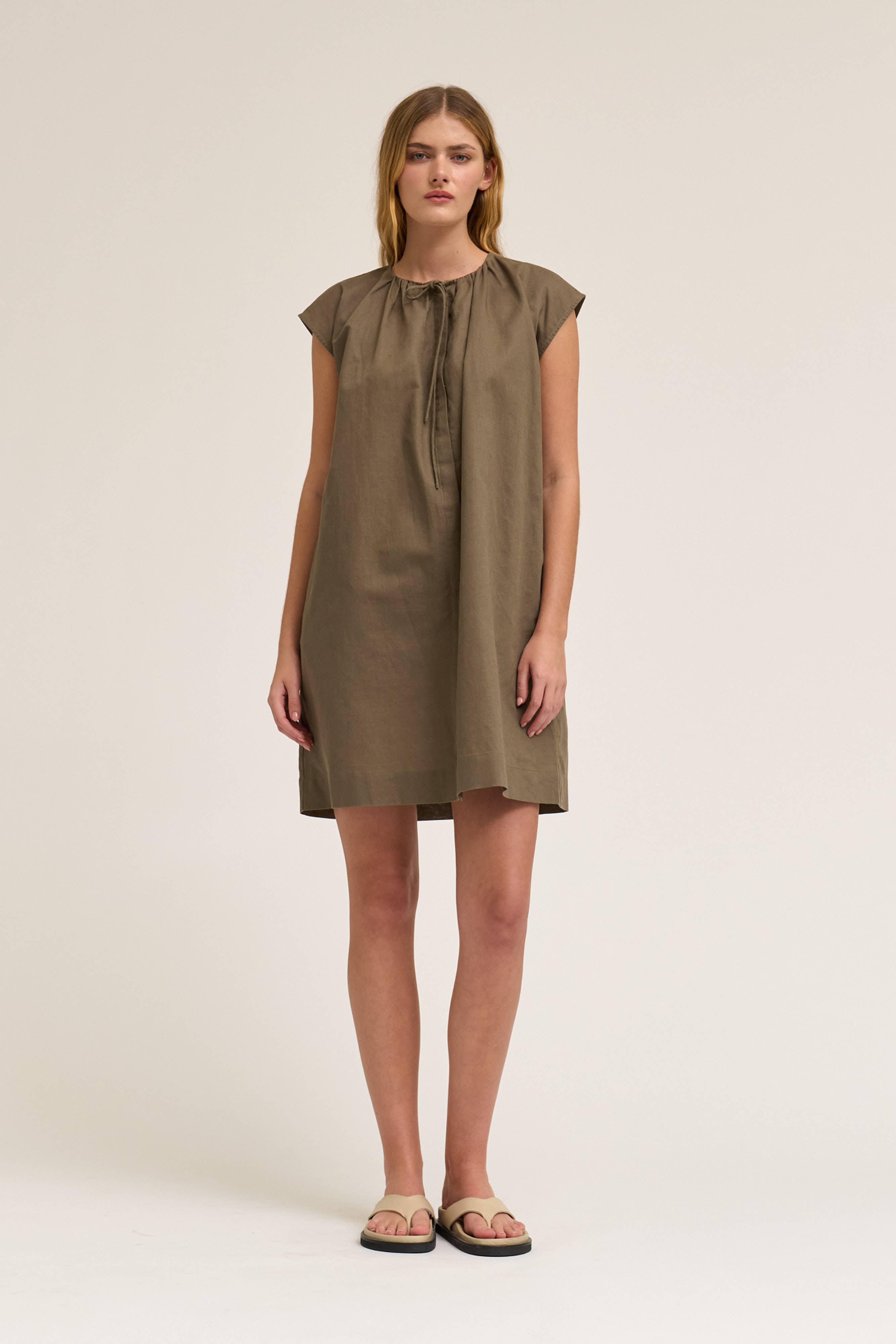 Drawstring Neckline Sleeveless Mid Dress