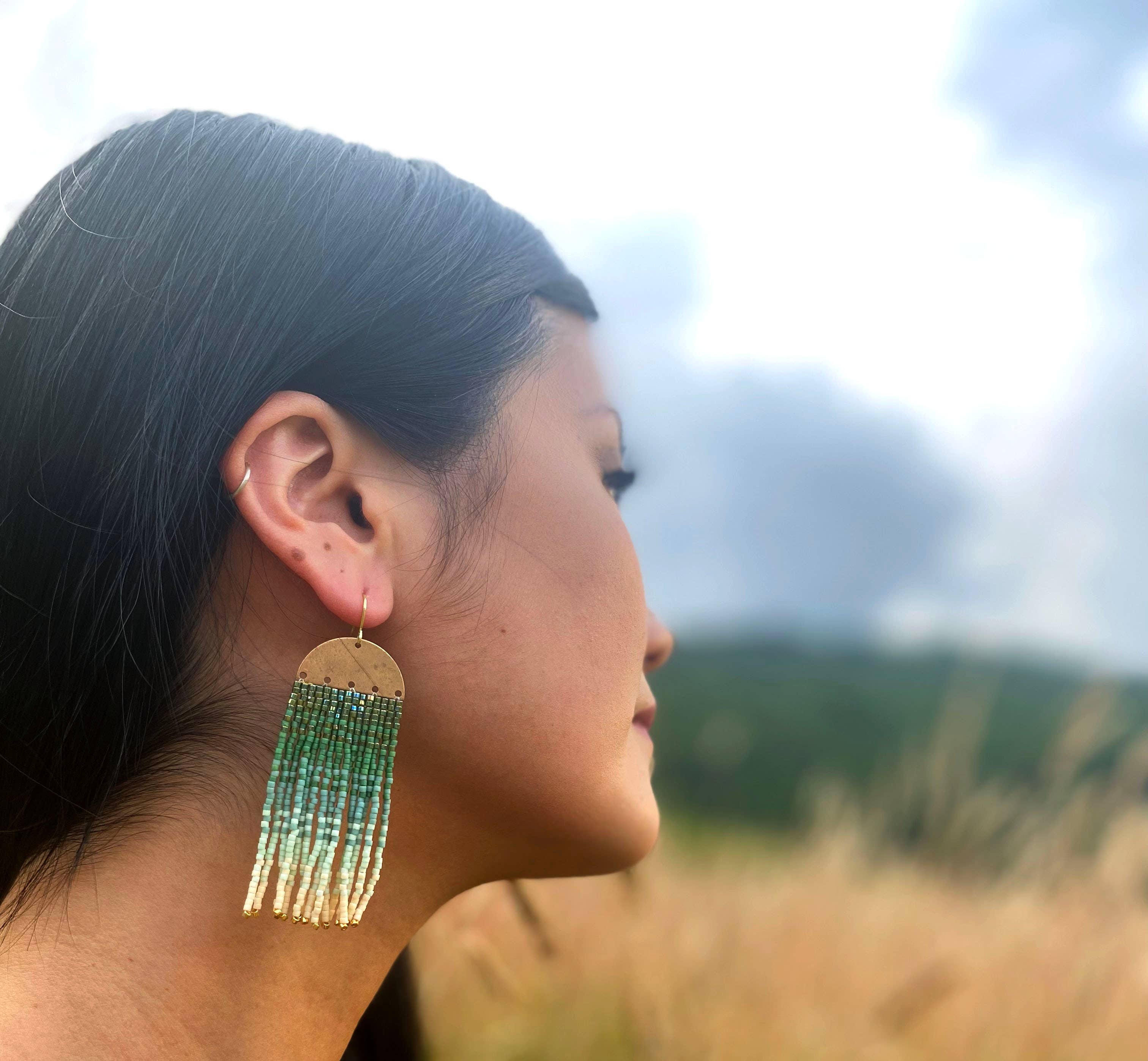 Beaded Handwoven Ombre Fringe Earrings (Green)