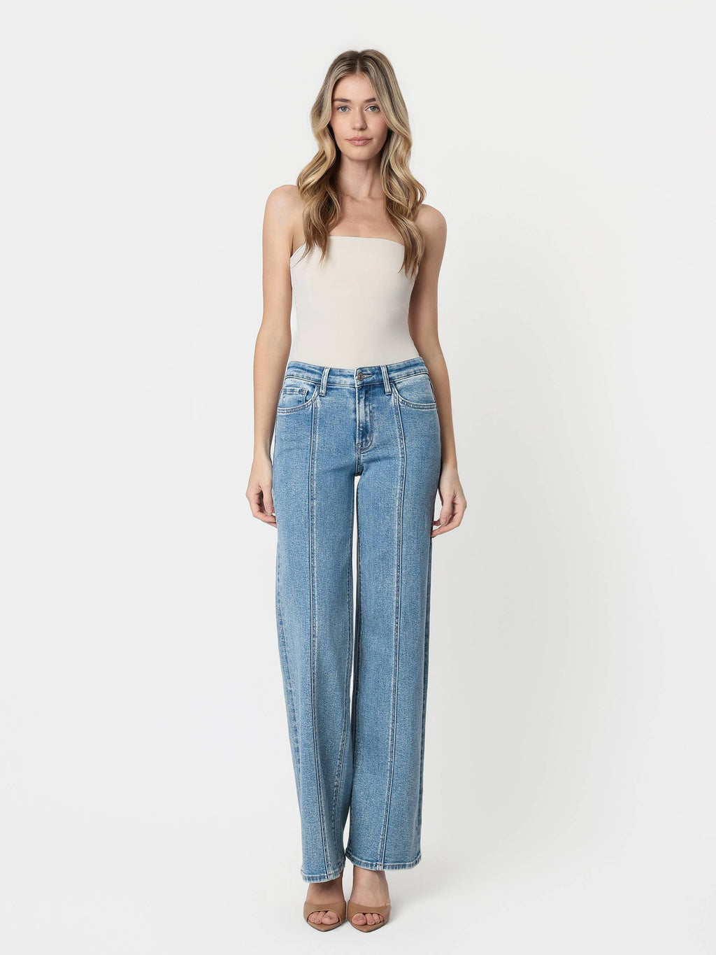 High Rise Medium Wash Seamed Panel Wide Leg Jeans