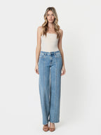 High Rise Medium Wash Seamed Panel Wide Leg Jeans