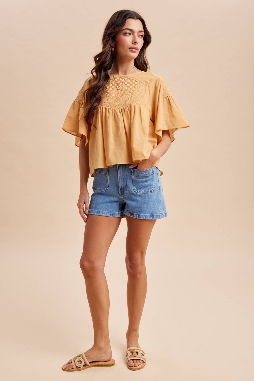 COTTON EMBROIDERED FLUTTER SLEEVE TOP