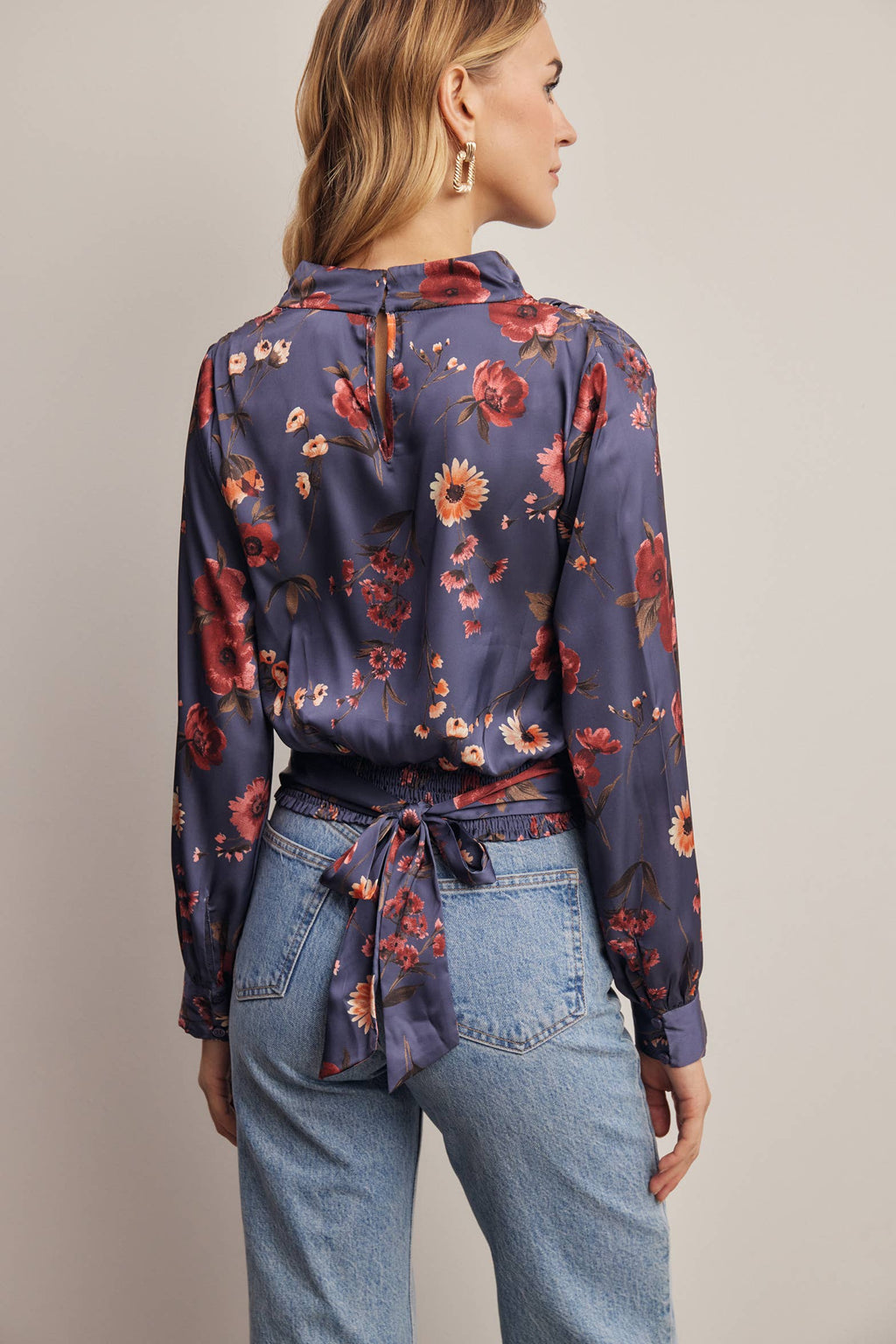 Floral Mock Neck Tie Back Blouse