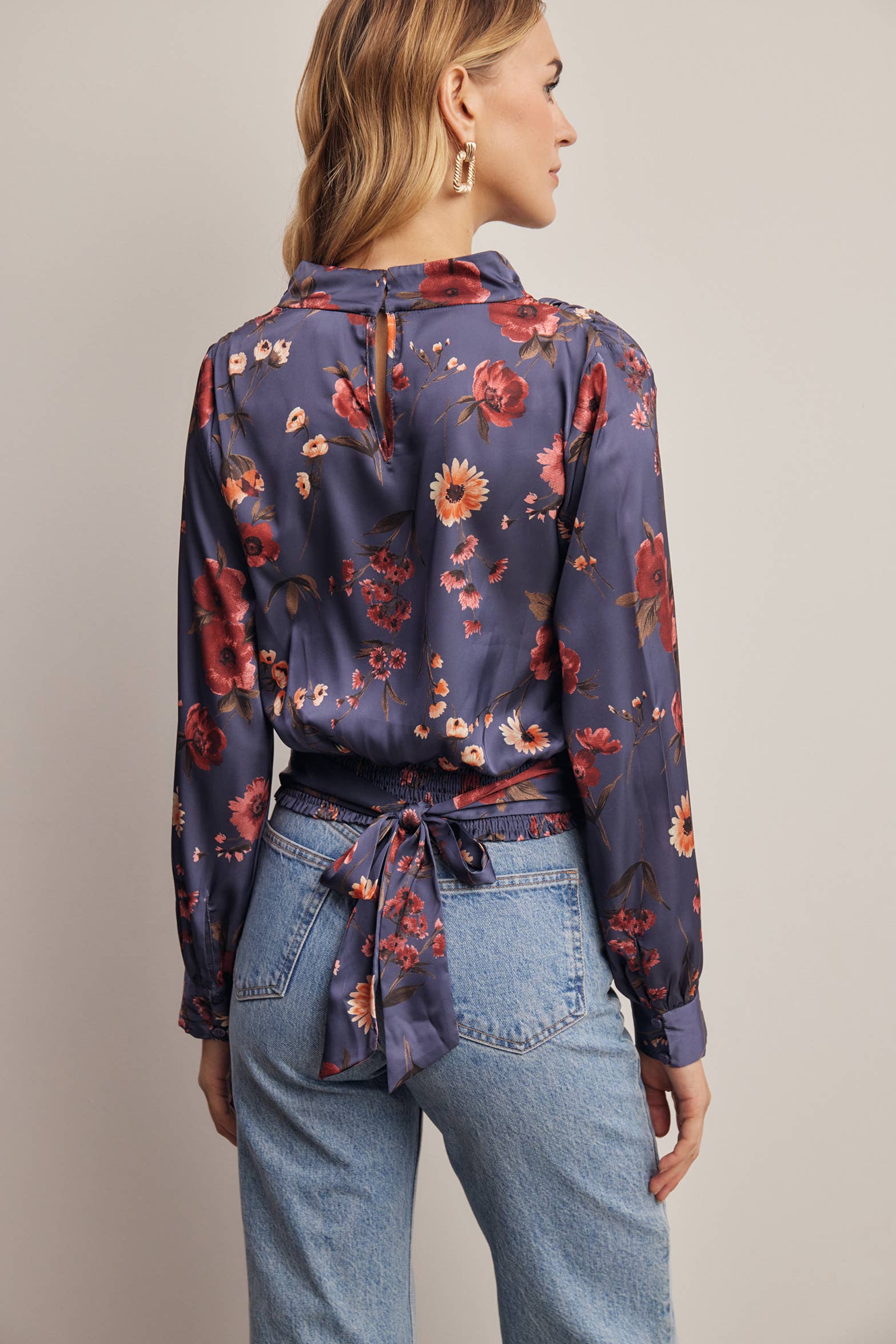 Floral Mock Neck Tie Back Blouse