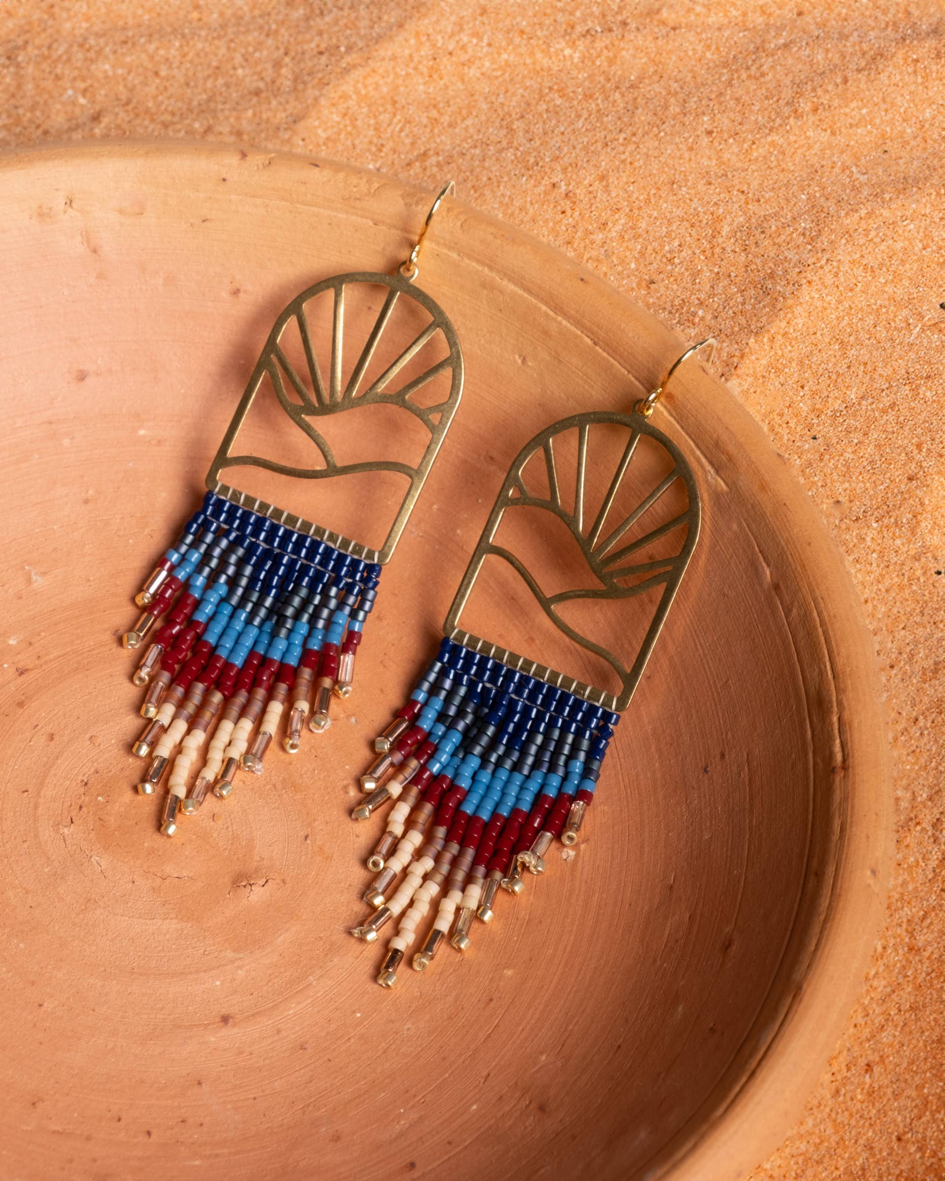 Beaded Handwoven Sedona Sunset Fringe Earrings (Blue/Green)