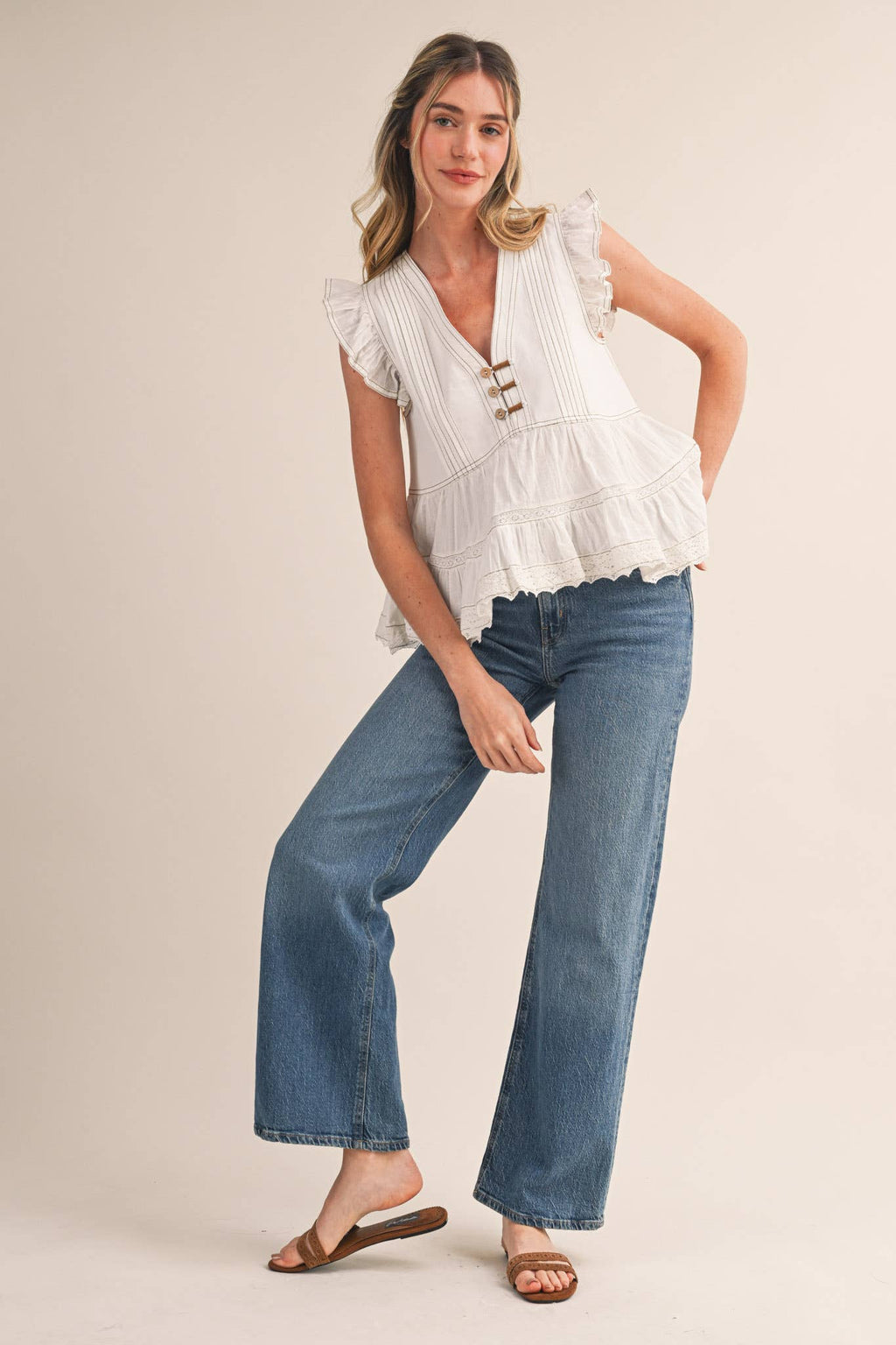 MIXED MEDIA CONTRAST STITCH LACE TRIM TOP